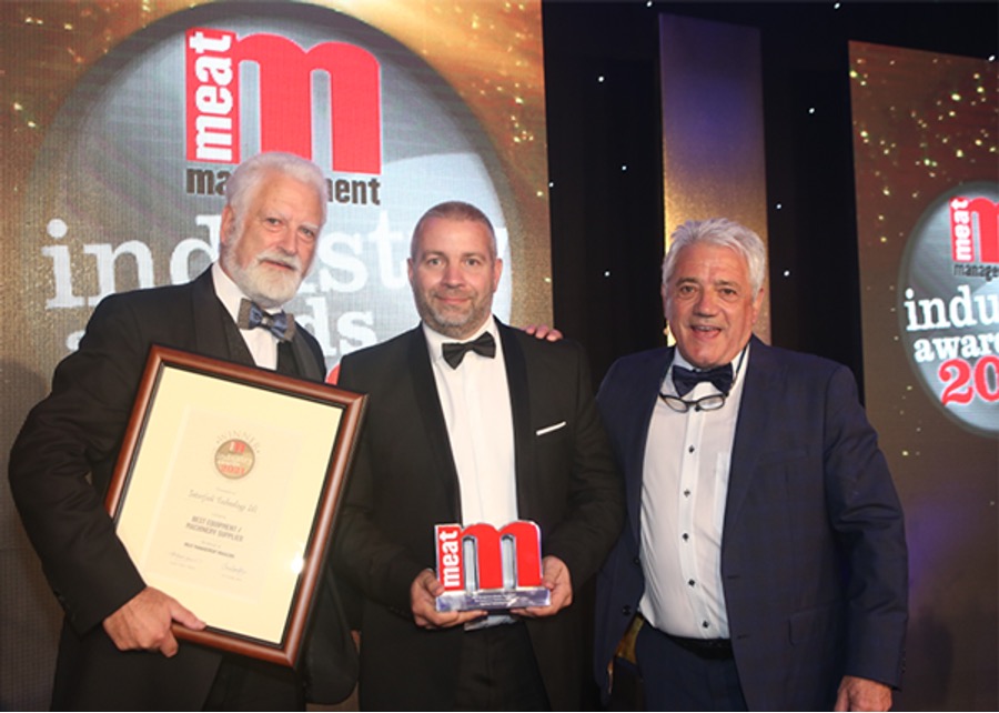 Rob Unwin, Group Operations Director of Interfood Technology, receives the Best Equipment/Machinery Supplier Award from Bill Jermey, Chief Executive of the FTC (left) and Awards host Kevin Keegan (right) - Image supplied courtesy of Meat Management